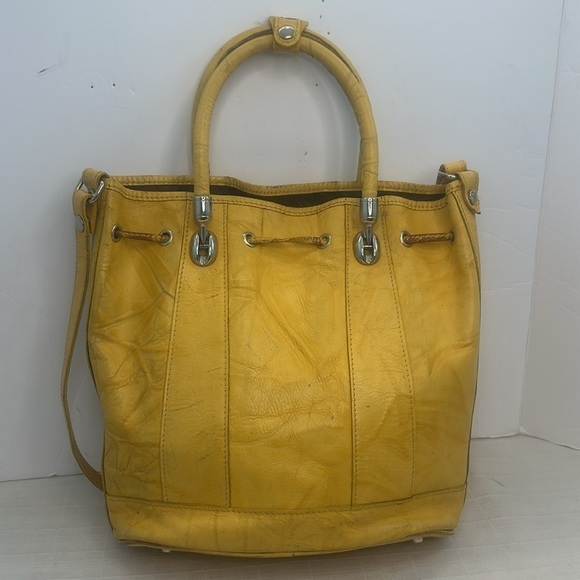 Cristina Italy real leather happy sunny yellow drawstring bucket bag w/strap - Picture 3 of 9